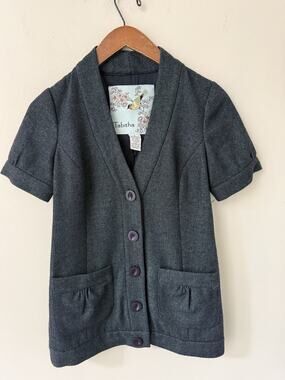 Tabitha Blue Tweed Blazer Jacket Womens Size 0 Short Sleeve Button Front Lined